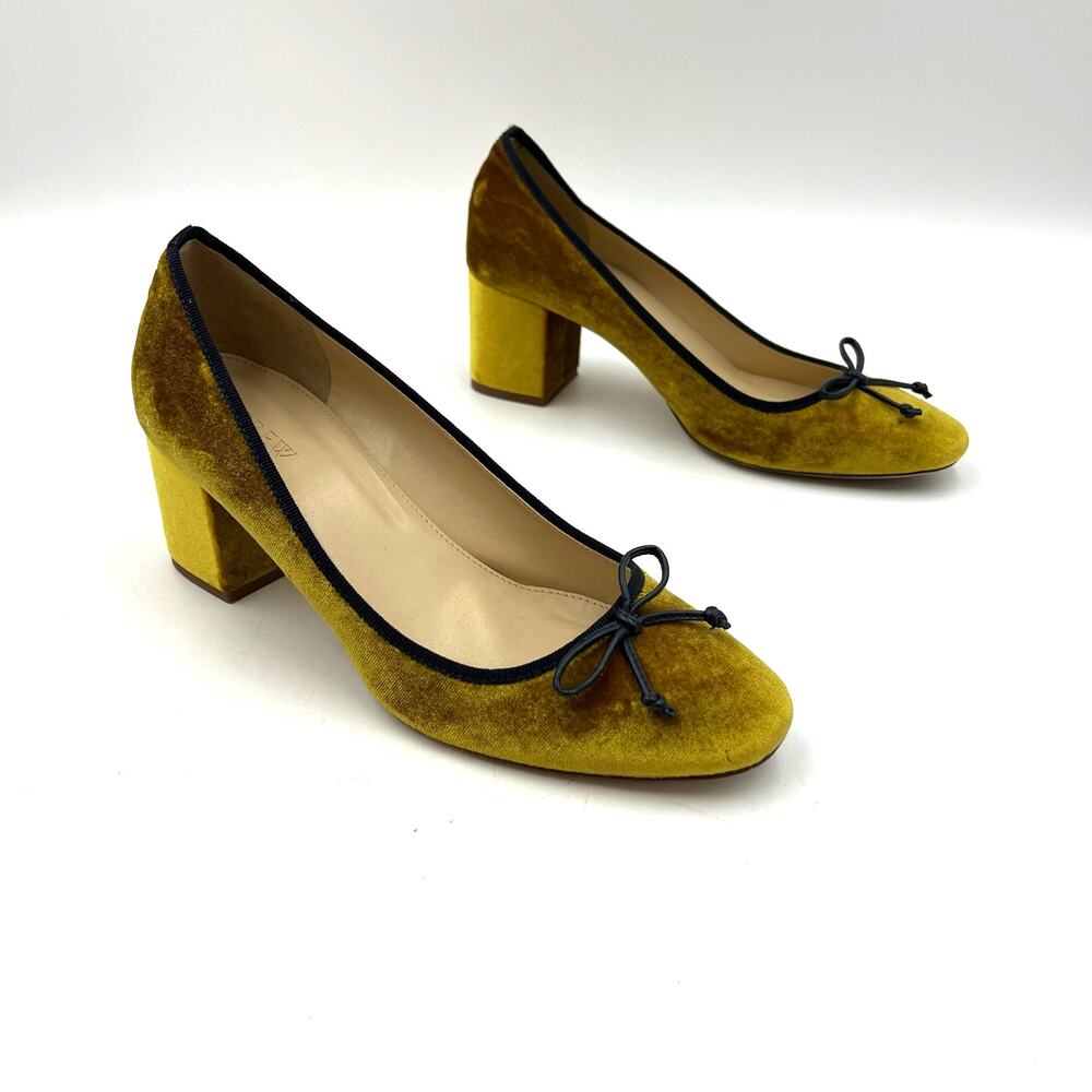 J. Crew Mustard Velvet Heels with Navy Bow